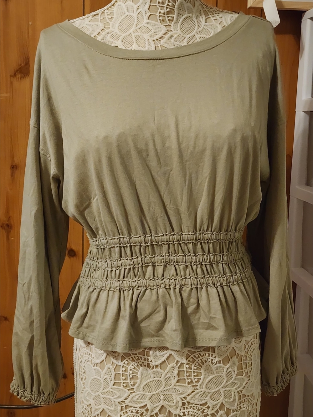 Olive Green Smocked Waist Long Sleeve Top